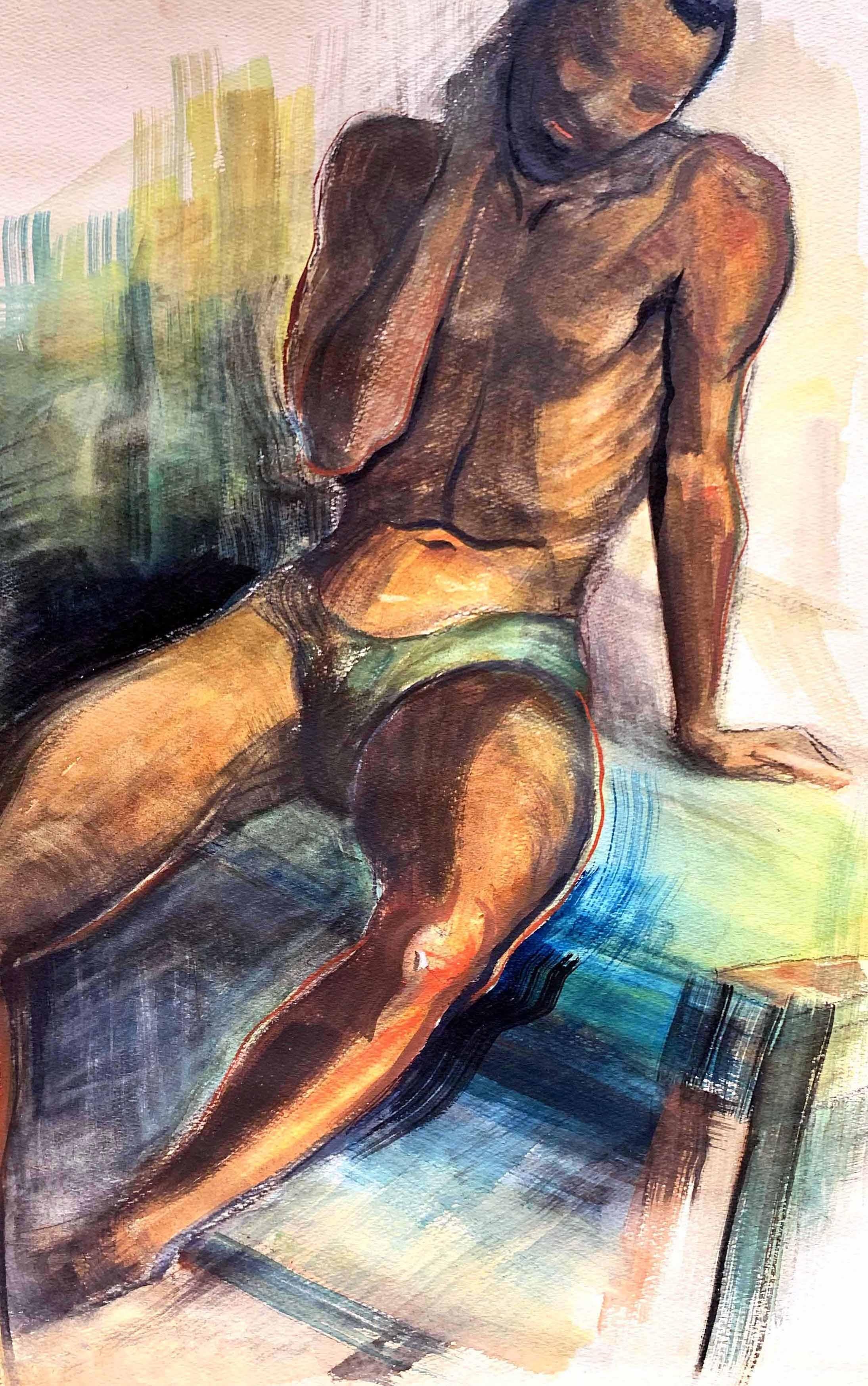 Strikingly executed in rich tones of brown and charcoal contrasting with brighter colors, this watercolor depiction of a seated African American man, with one arm raised to his neck, is beautiful and evocative. The figure's skin tones are captured