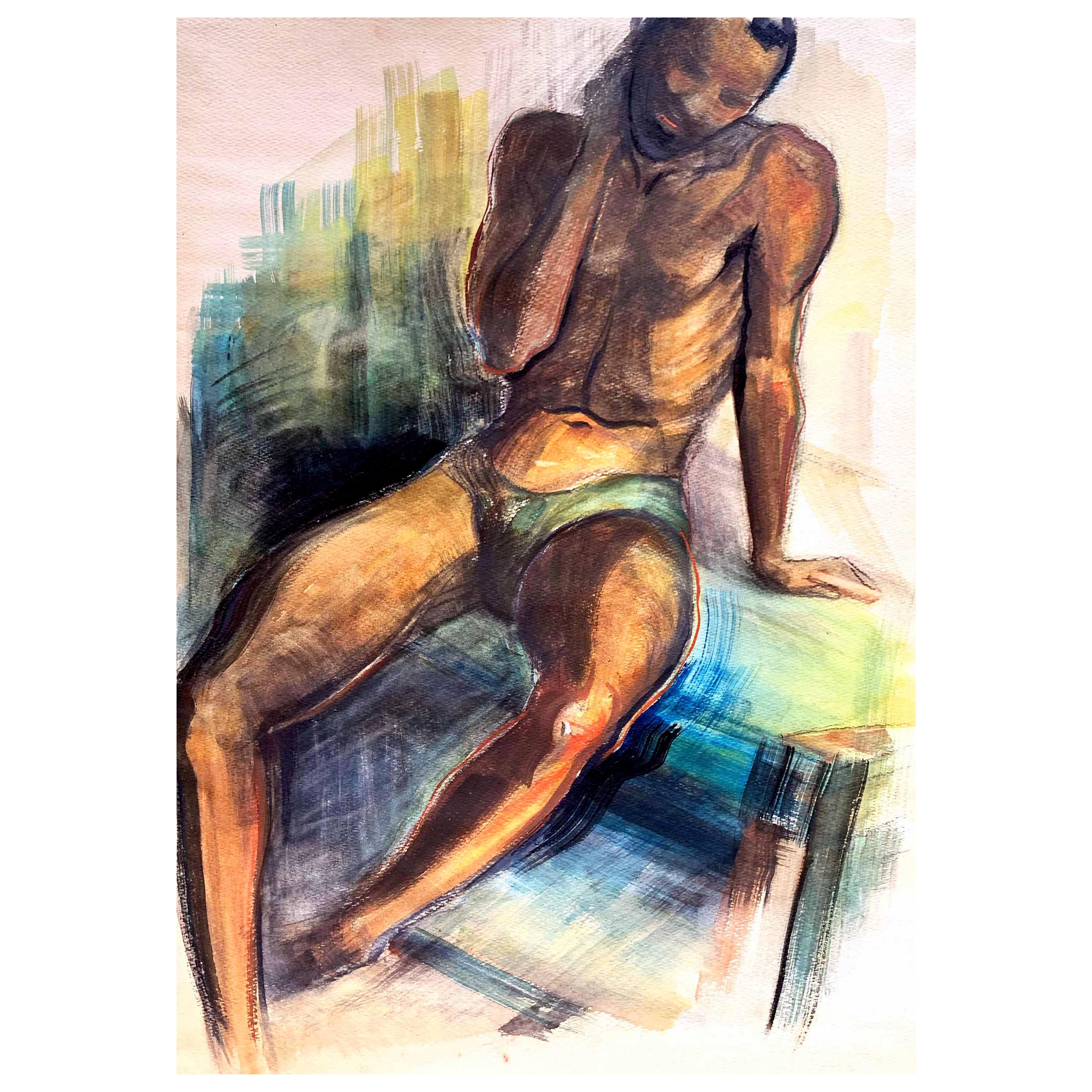 "Seated Black Male Figure," Art Deco Watercolor Painting, Brown County, Indiana