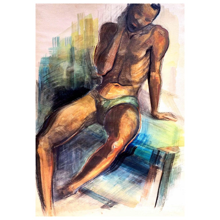 "Seated Black Male Figure," Art Deco Watercolor Painting, Brown County, Indiana For Sale