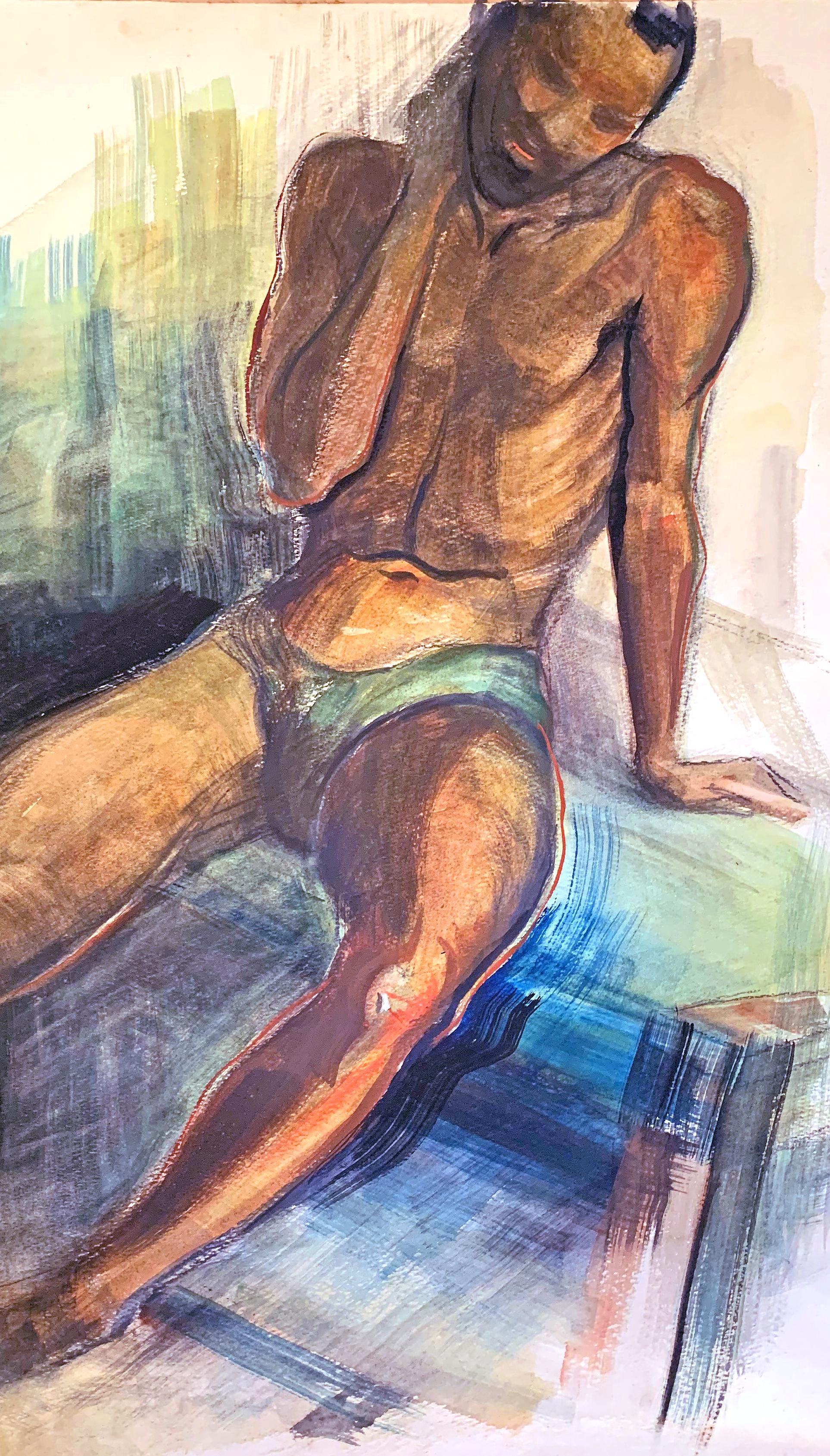 This painting of a Black male nude, executed in rich, brilliant shades of burnt sienna, reddish brown, blue and green, was painted by a Brown County, Indiana artist, though it is not signed. There are hints of WPA/Art Deco stylization in some of the