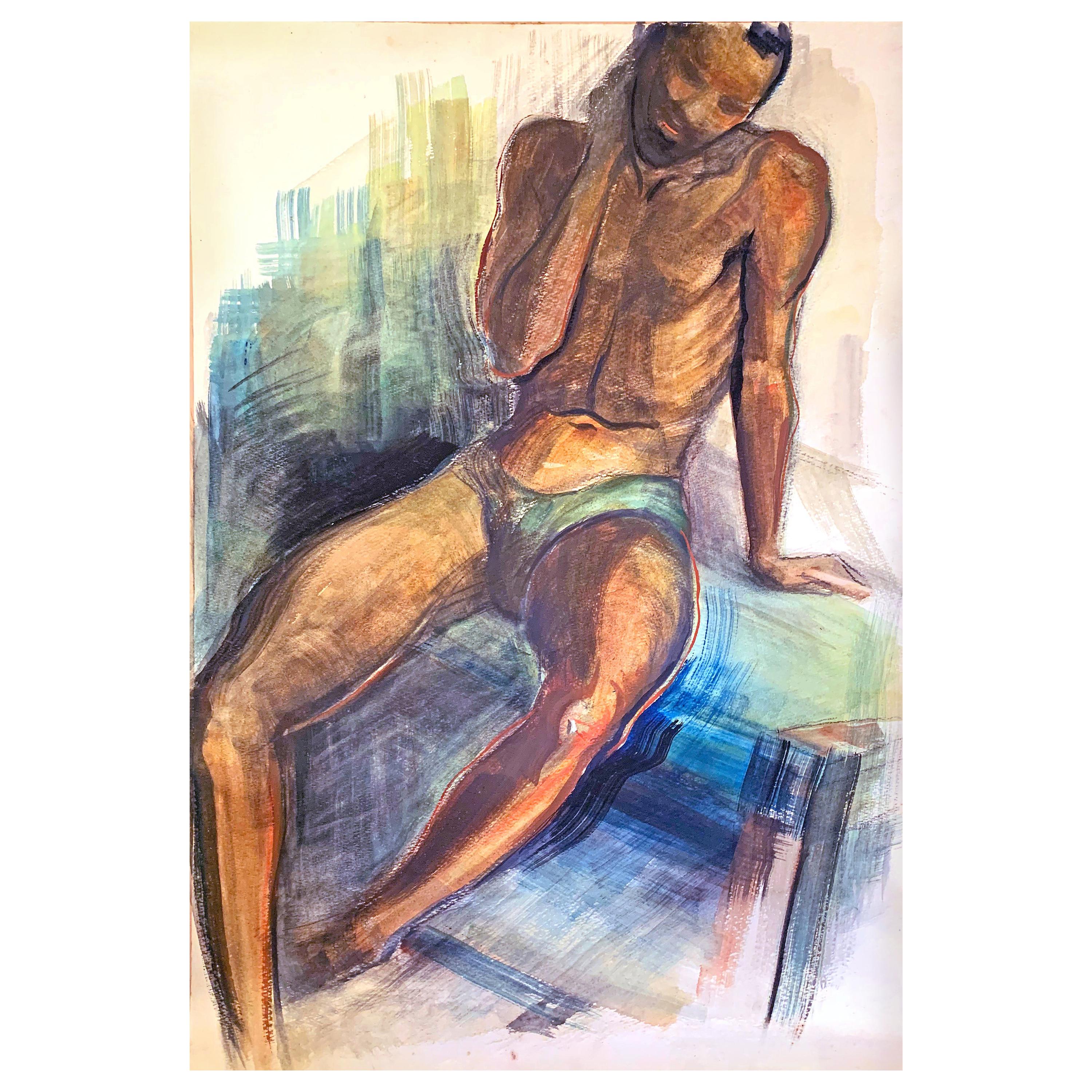 "Seated Black Male Nude, " Art Deco Watercolor by Brown County Painter For Sale