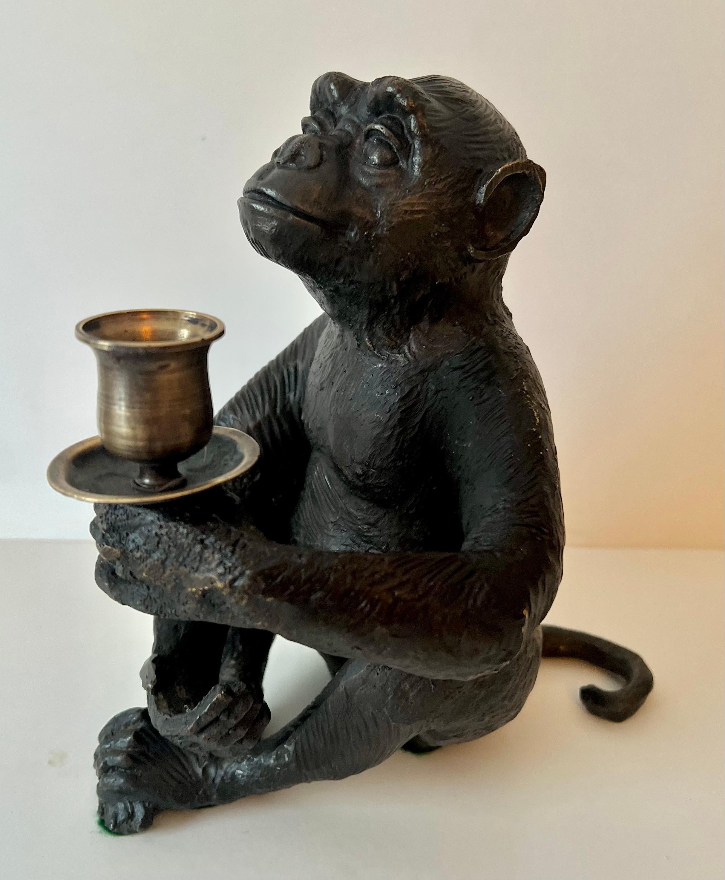 Patinated Seated Bronze Monkey with Brass Candle Holder For Sale