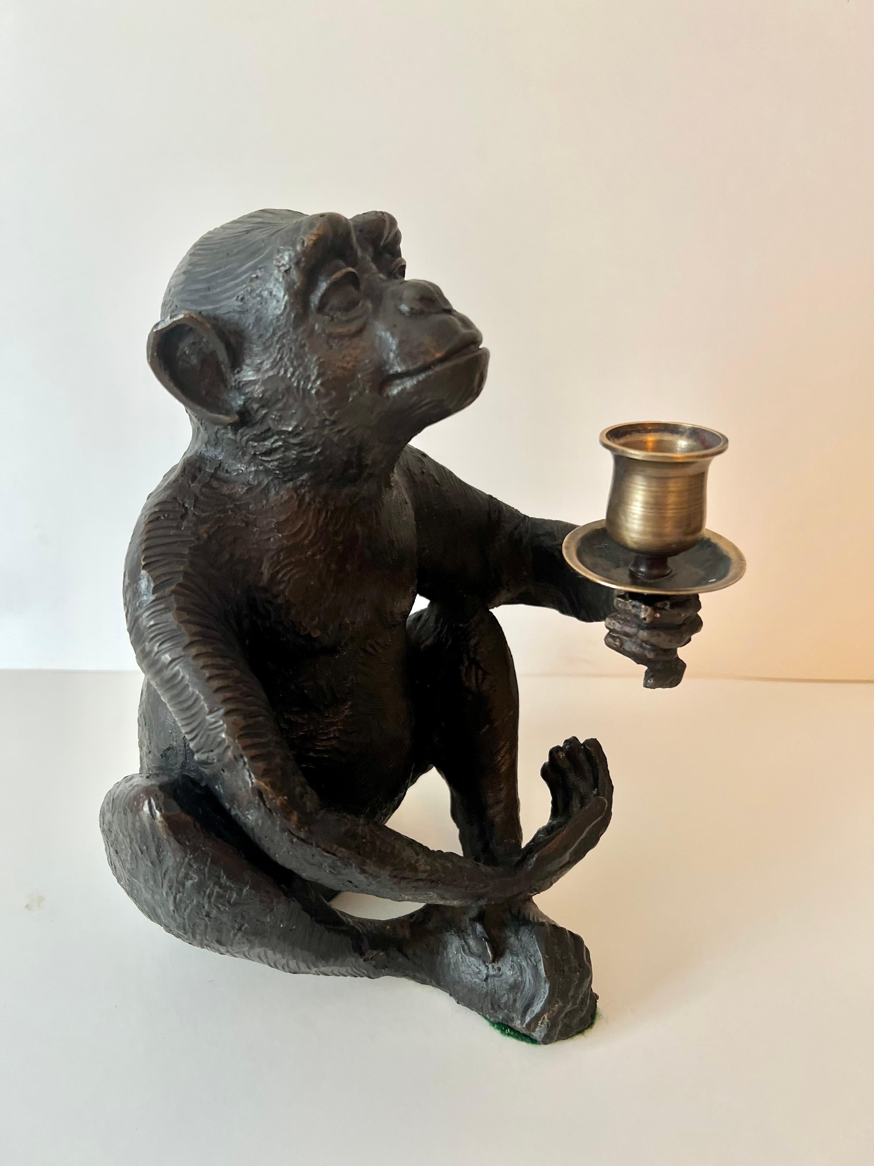 Seated Bronze Monkey with Brass Candle Holder In Good Condition For Sale In Los Angeles, CA