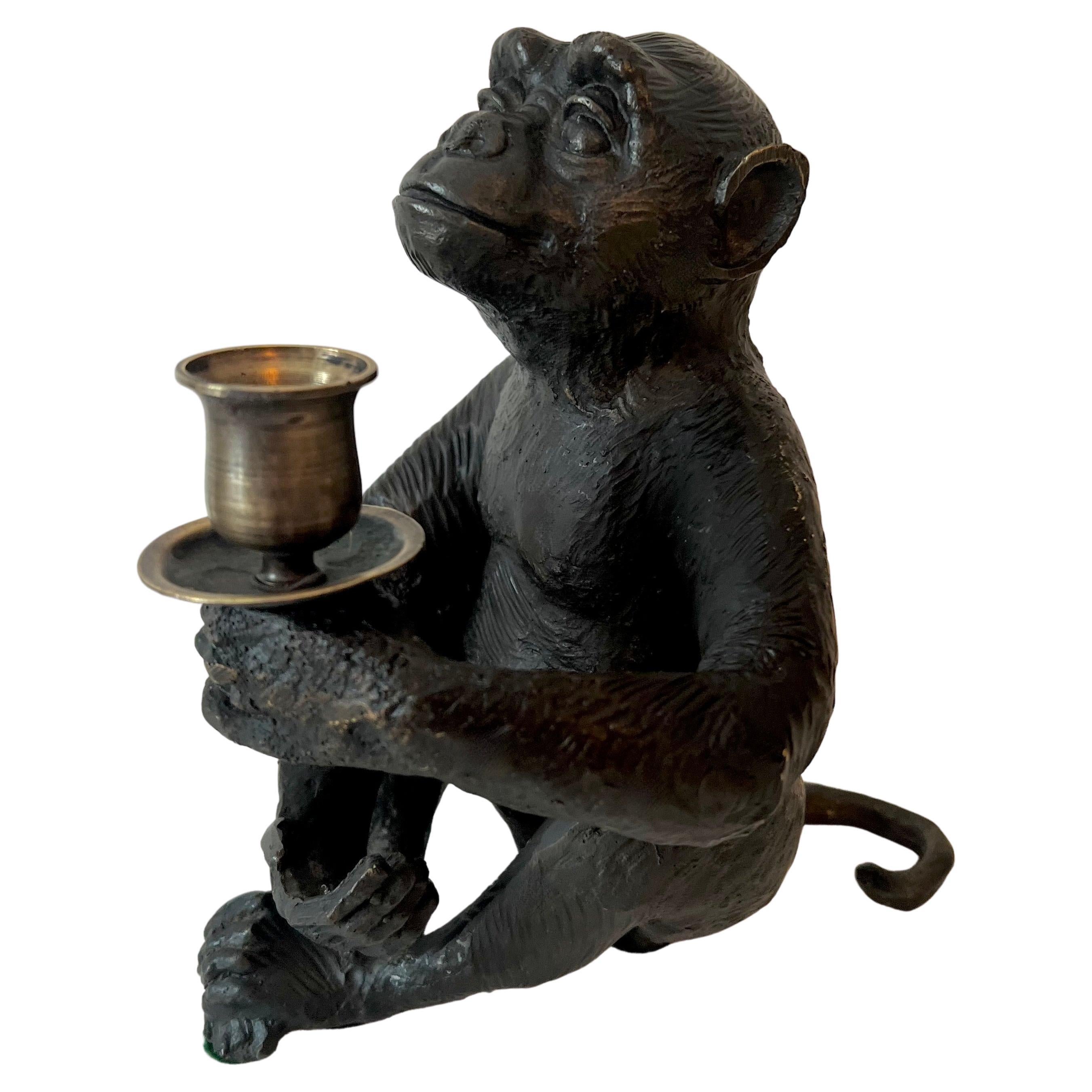 Seated Bronze Monkey with Brass Candle Holder For Sale