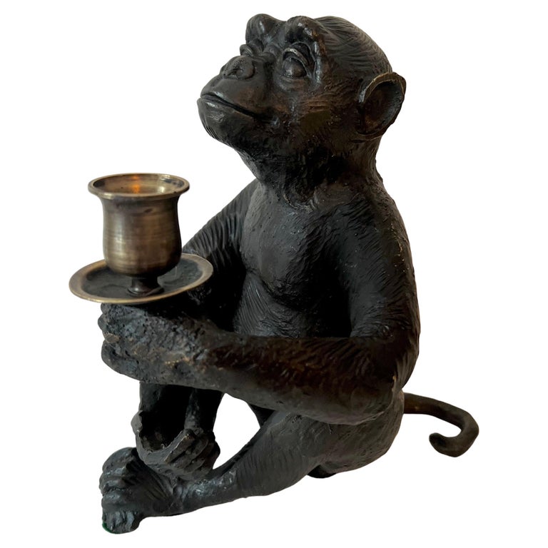 Seated Bronze Monkey with Brass Candle Holder For Sale at 1stDibs