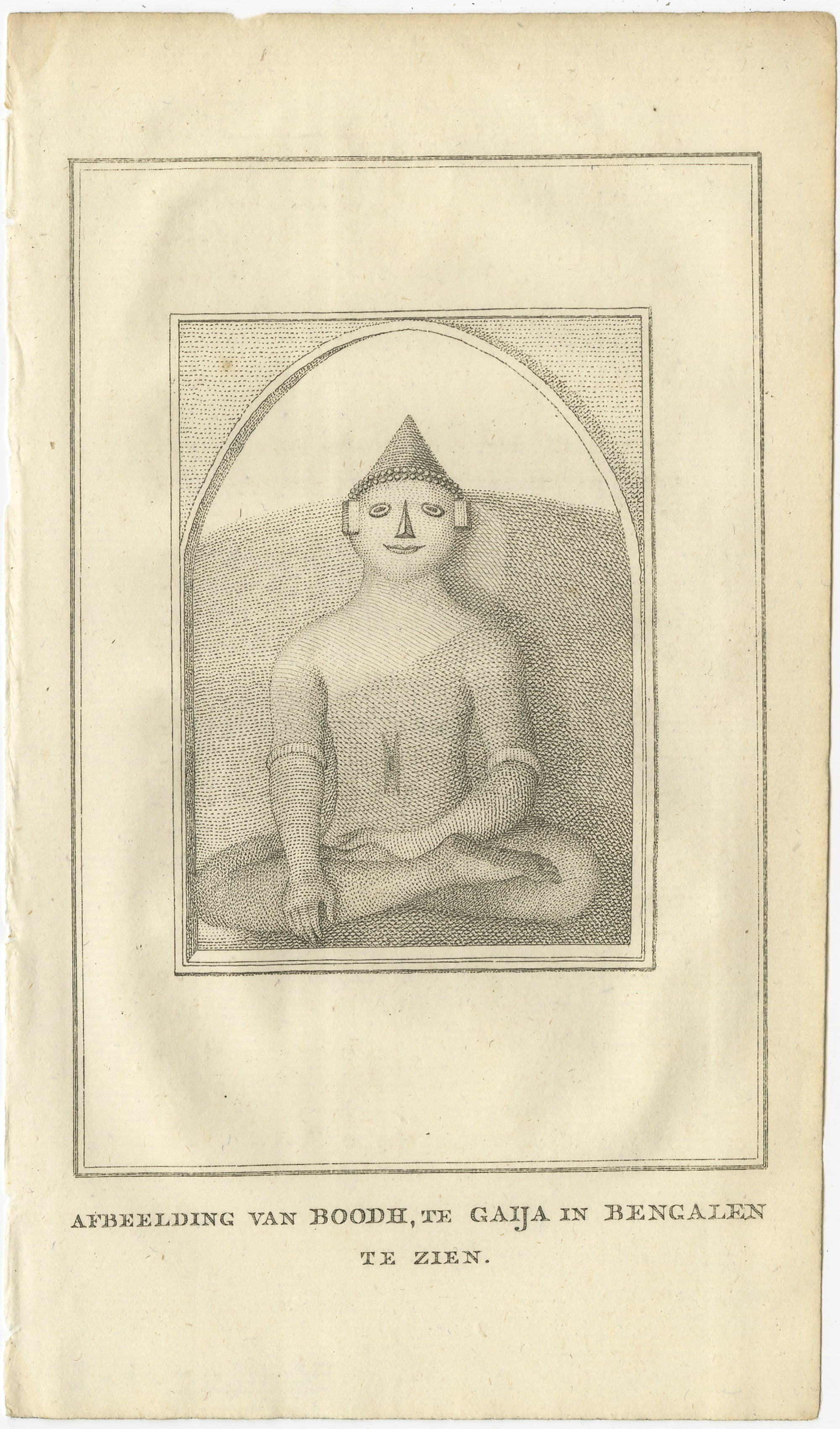 Buda sentado en Gaya - Estampa holandesa antigua de una estatua en Bengala, ca. 1800

Este grabado holandés de principios del siglo XIX titulado 