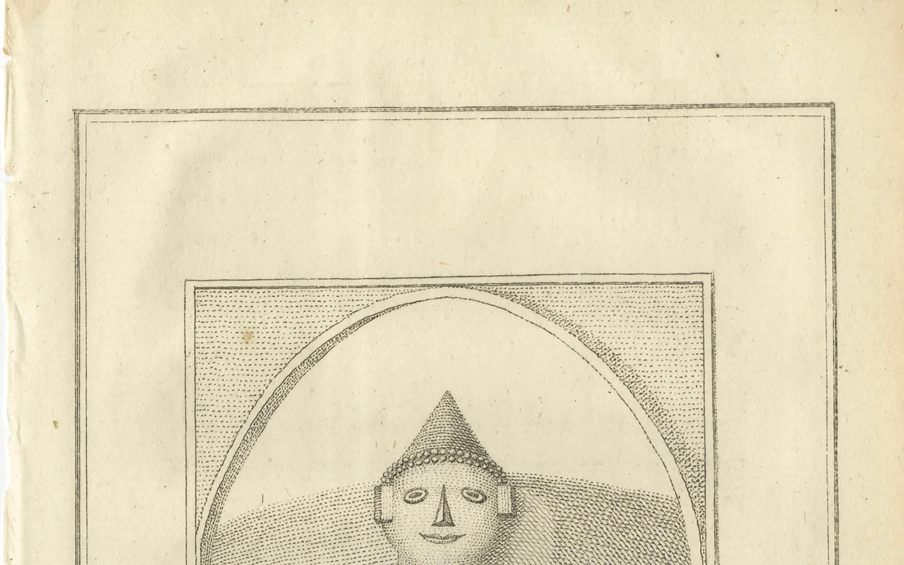 Buda sentado en Gaya - Estampa holandesa antigua de una estatua en Bengala, ca. 1800 Holandés en venta