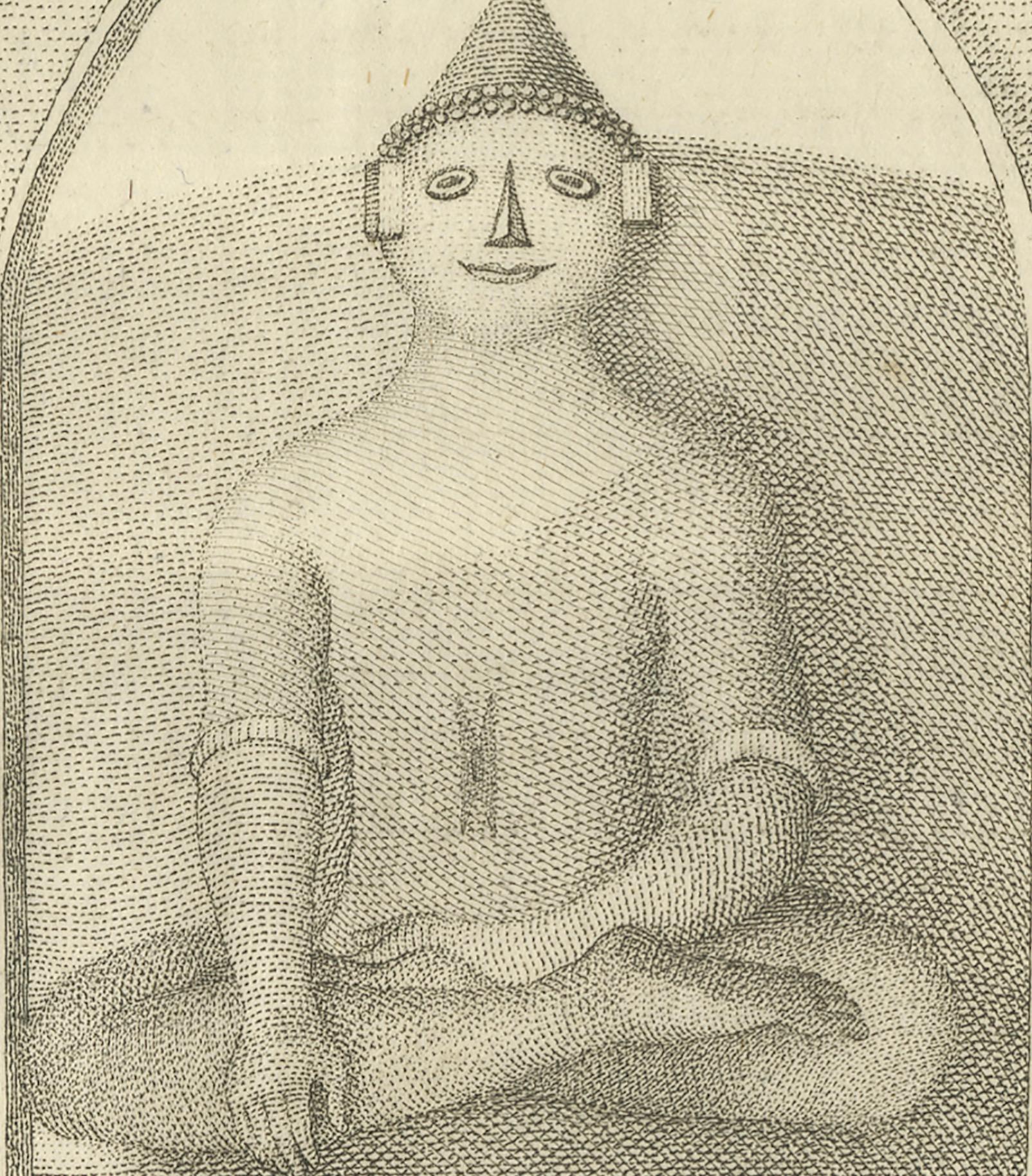 Buda sentado en Gaya - Estampa holandesa antigua de una estatua en Bengala, ca. 1800 en Bueno estado para la venta en Langweer, NL