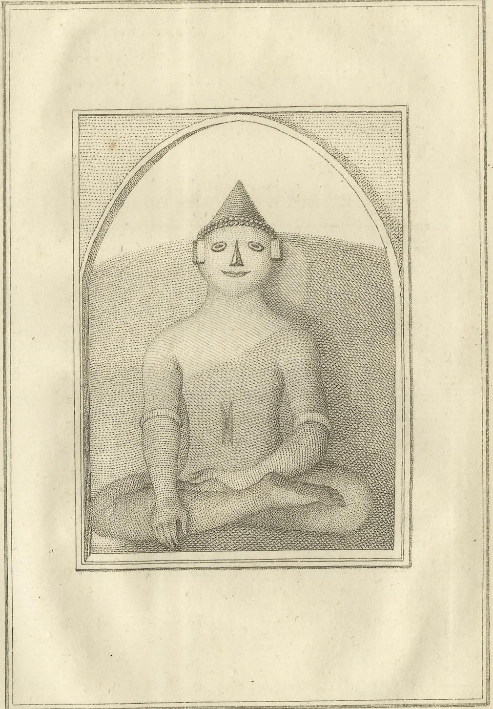 Buda sentado en Gaya - Estampa holandesa antigua de una estatua en Bengala, ca. 1800 siglo XIX en venta