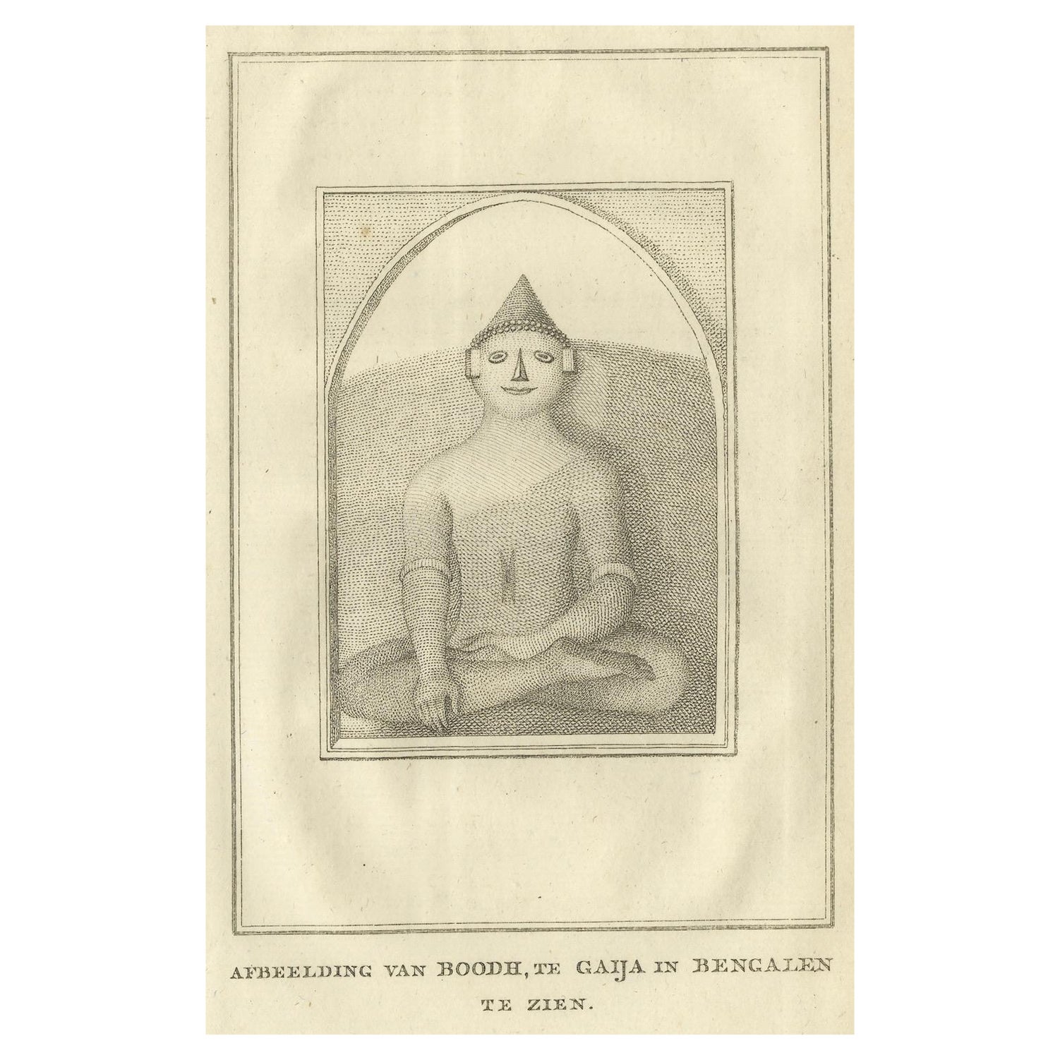 Buda sentado en Gaya - Estampa holandesa antigua de una estatua en Bengala, ca. 1800 en venta
