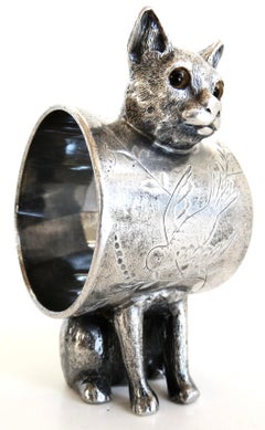 "Seated Cat with Glass Eyes" Silver Plated Figural Victorian Napkin Ring C. 1880