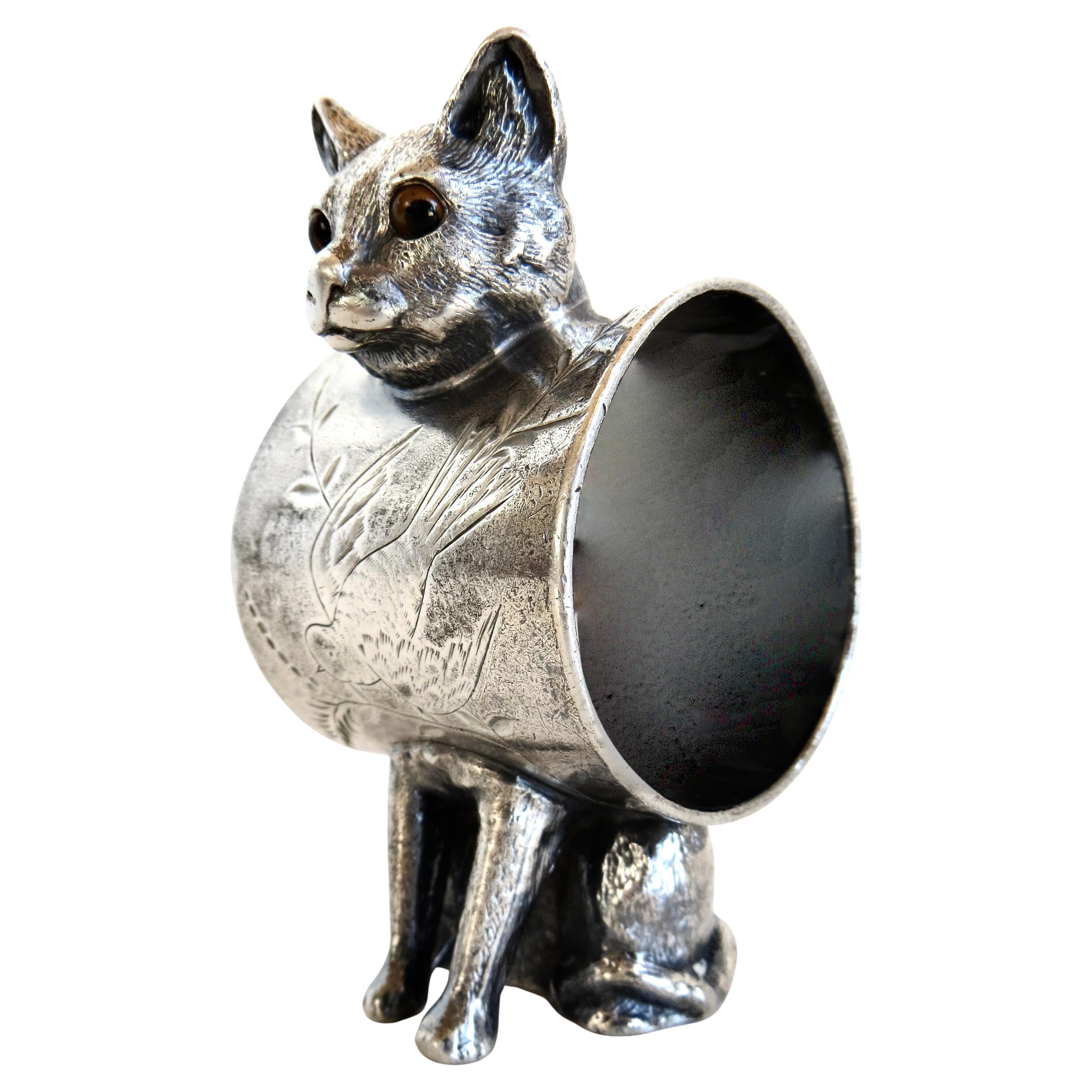 "Seated Cat with Glass Eyes" Silver Plated Figural Victorian Napkin Ring C. 1880 For Sale