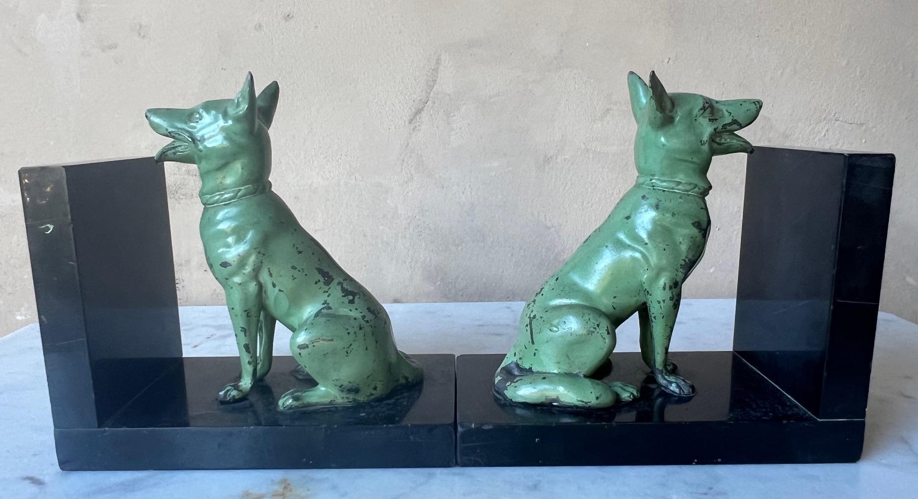 Cast Iron Seated Dogs on Black Marble Bookends, Set of 2, c. 1940's 4