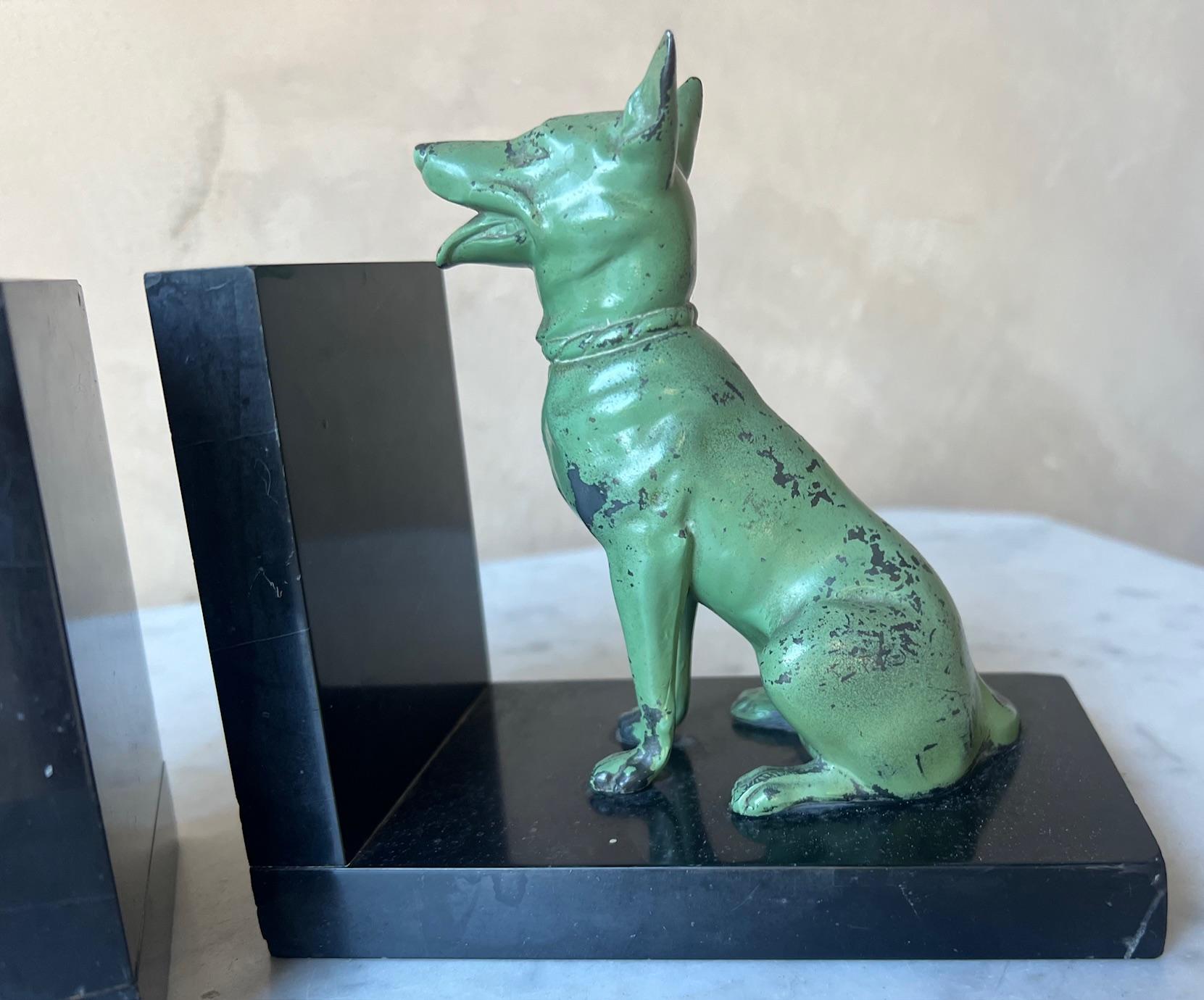 Cast Iron Seated Dogs on Black Marble Bookends, Set of 2, c. 1940's 5
