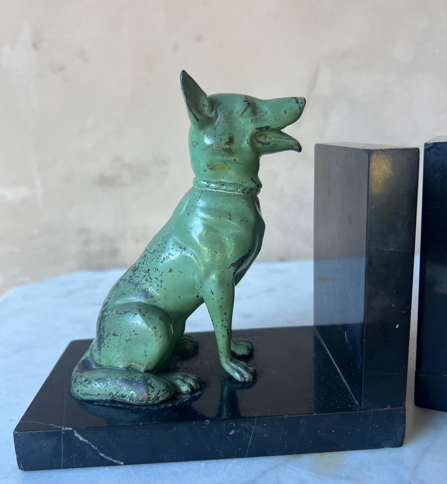 Cast Iron Seated Dogs on Black Marble Bookends, Set of 2, c. 1940's 6
