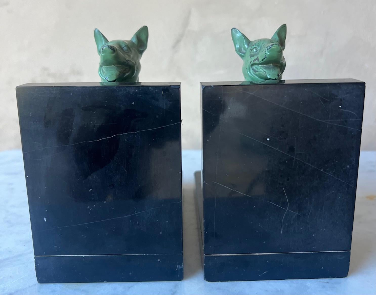 Cast Iron Seated Dogs on Black Marble Bookends, Set of 2, c. 1940's 7