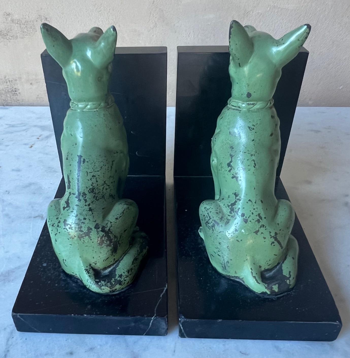 Art Deco Cast Iron Seated Dogs on Black Marble Bookends, Set of 2, c. 1940's