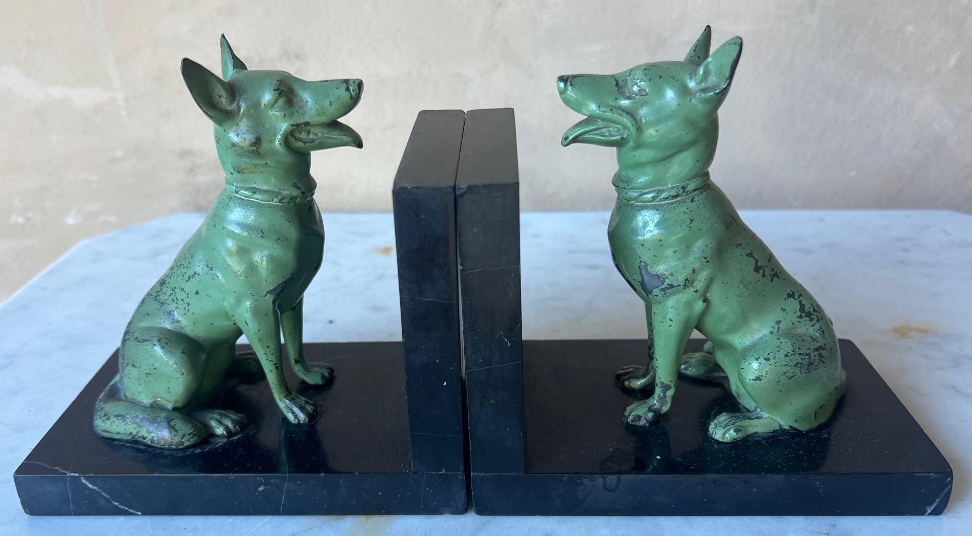 Italian Cast Iron Seated Dogs on Black Marble Bookends, Set of 2, c. 1940's