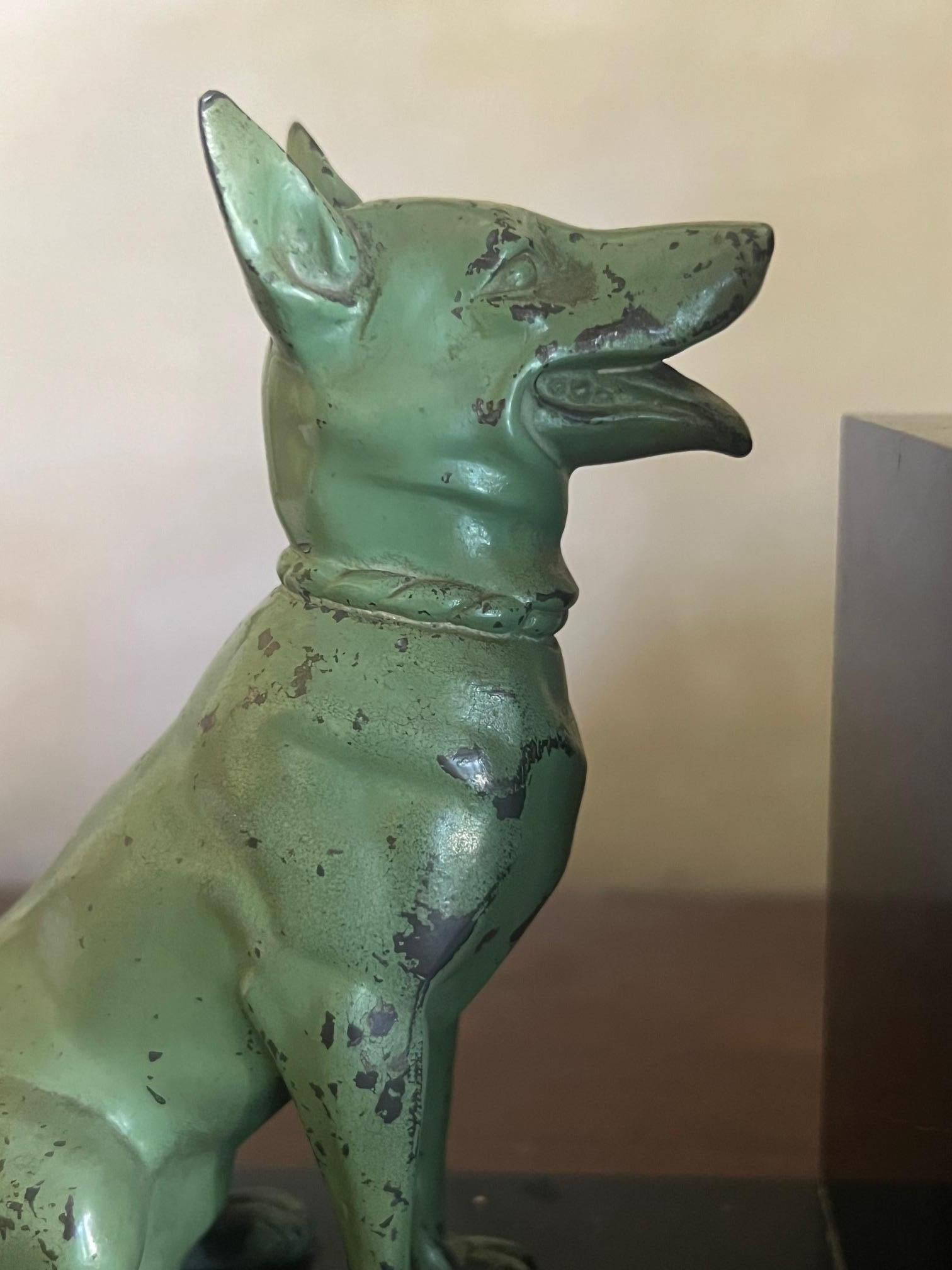 Mid-20th Century Cast Iron Seated Dogs on Black Marble Bookends, Set of 2, c. 1940's