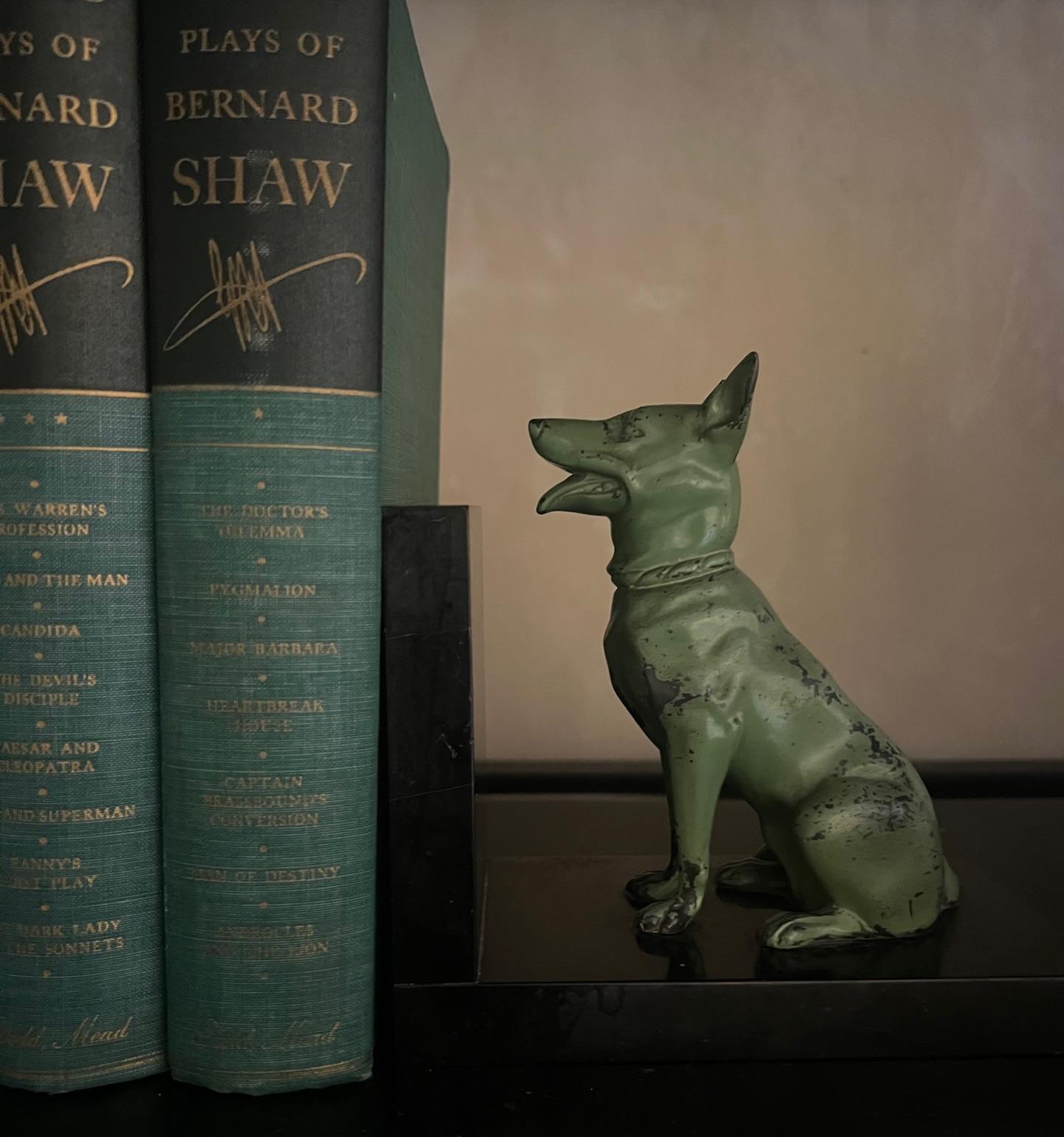 Cast Iron Seated Dogs on Black Marble Bookends, Set of 2, c. 1940's 1