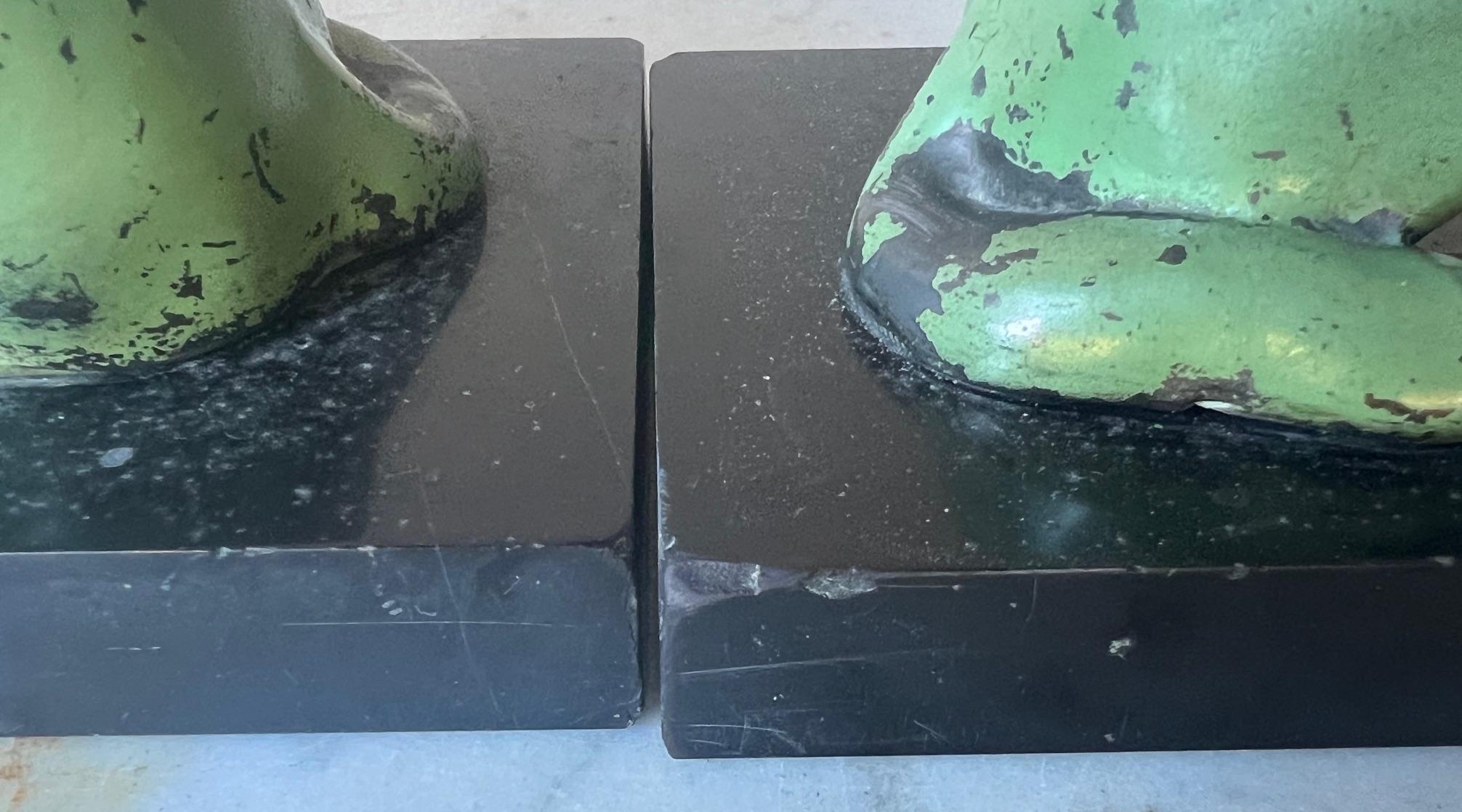 Cast Iron Seated Dogs on Black Marble Bookends, Set of 2, c. 1940's 3