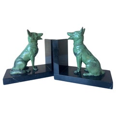 Cast Iron Seated Dogs on Black Marble Bookends, Set of 2, c. 1940's