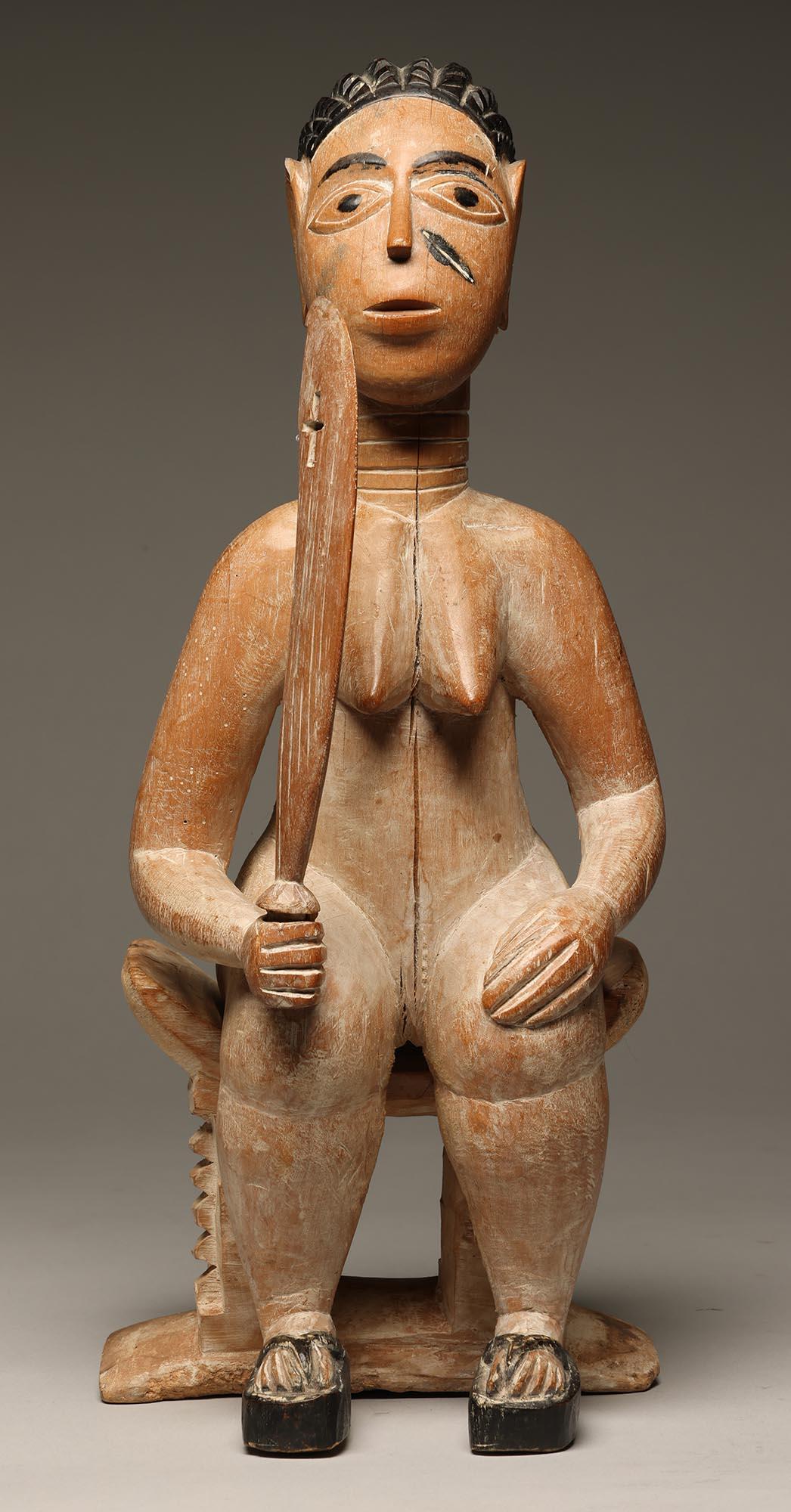 Seated Female Figure on Stool Holding a Sword Ewe Ghana, West Africa ex Willis For Sale 1