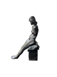 Seated Female Nude Figure Bronzed Terracotta Sculpture, Signed by René Pizzey