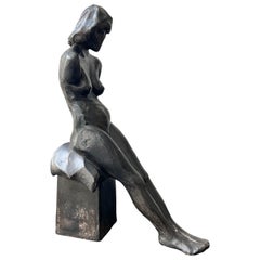 Seated Female Nude Figure Bronzed Terracotta Sculpture, Signed by René Pizzey