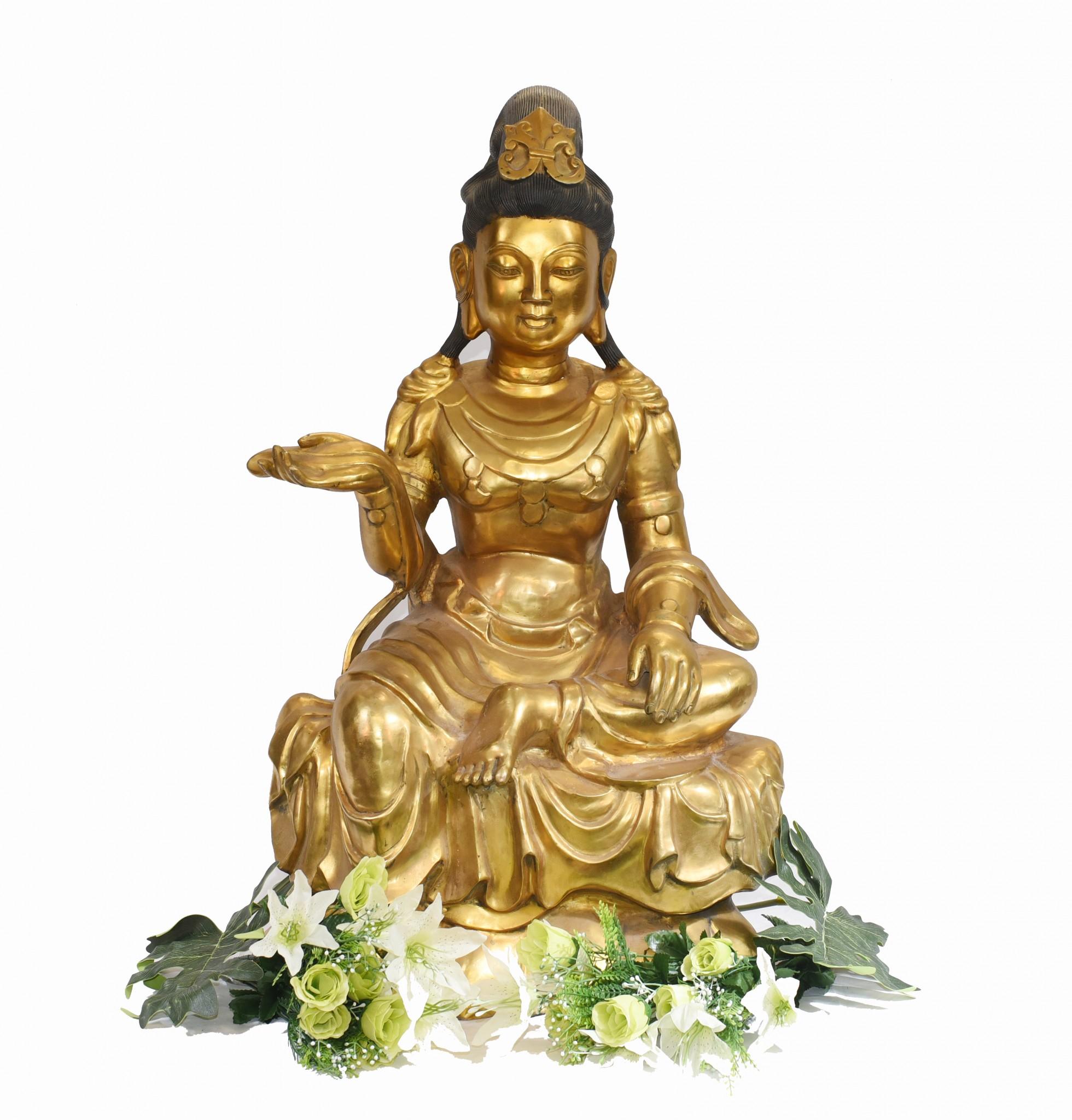 Gorgeous bronze statue of a golden bronze Buddha
Good size at over three feet tall, great for a garden or outside setting
Of course being bronze can sit outside with no fear of rusting
Definitely add serenity and calm to any setting with Buddha in