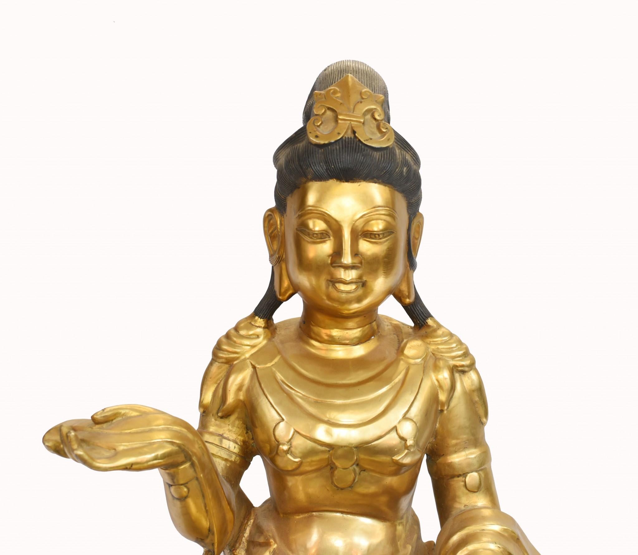 Late 20th Century Seated Golden Buddha Statue Nepalese Meditation Bronze Sculpture For Sale