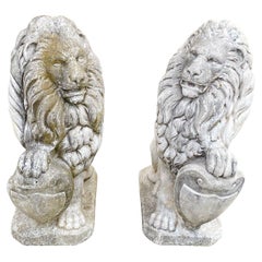 Seated Guardian Lion 28" Stone Cement Garden Entrance Statue with Shield - Pair