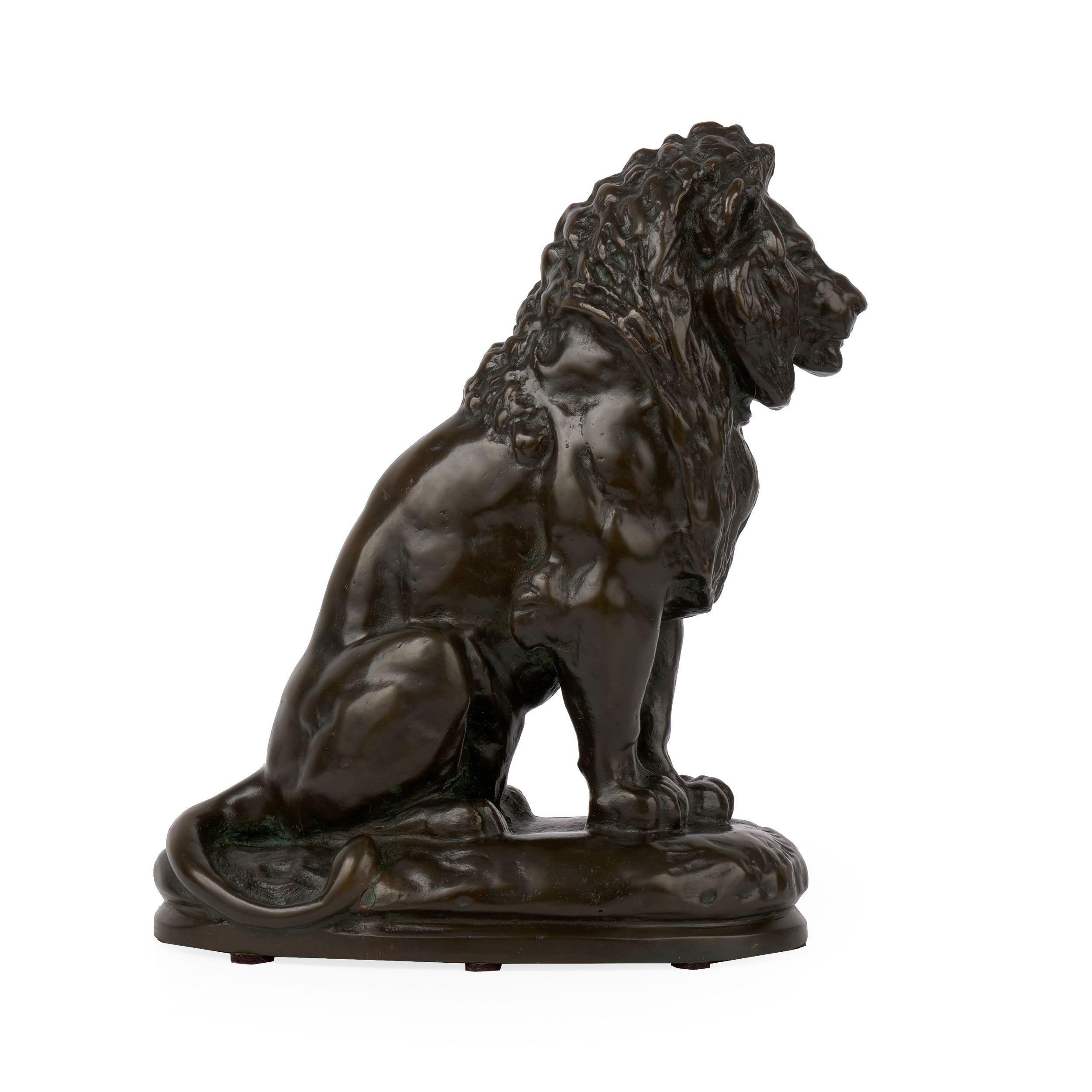 “Seated Lion” Antique French Bronze Sculpture Cast after Antoine-Louis Barye In Good Condition In Shippensburg, PA