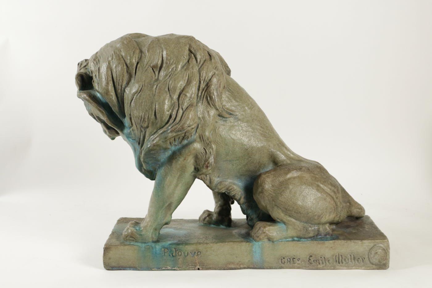 Seated Lion Sculpture, Enameled Sandstone, by P. Jouve, France In Good Condition In Saint-Ouen, FR