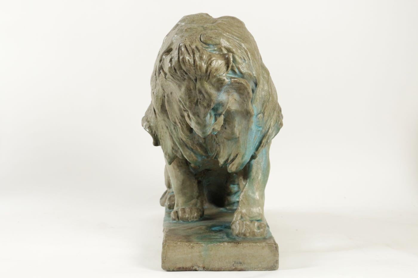 Seated Lion Sculpture, Enameled Sandstone, by P. Jouve, France 3