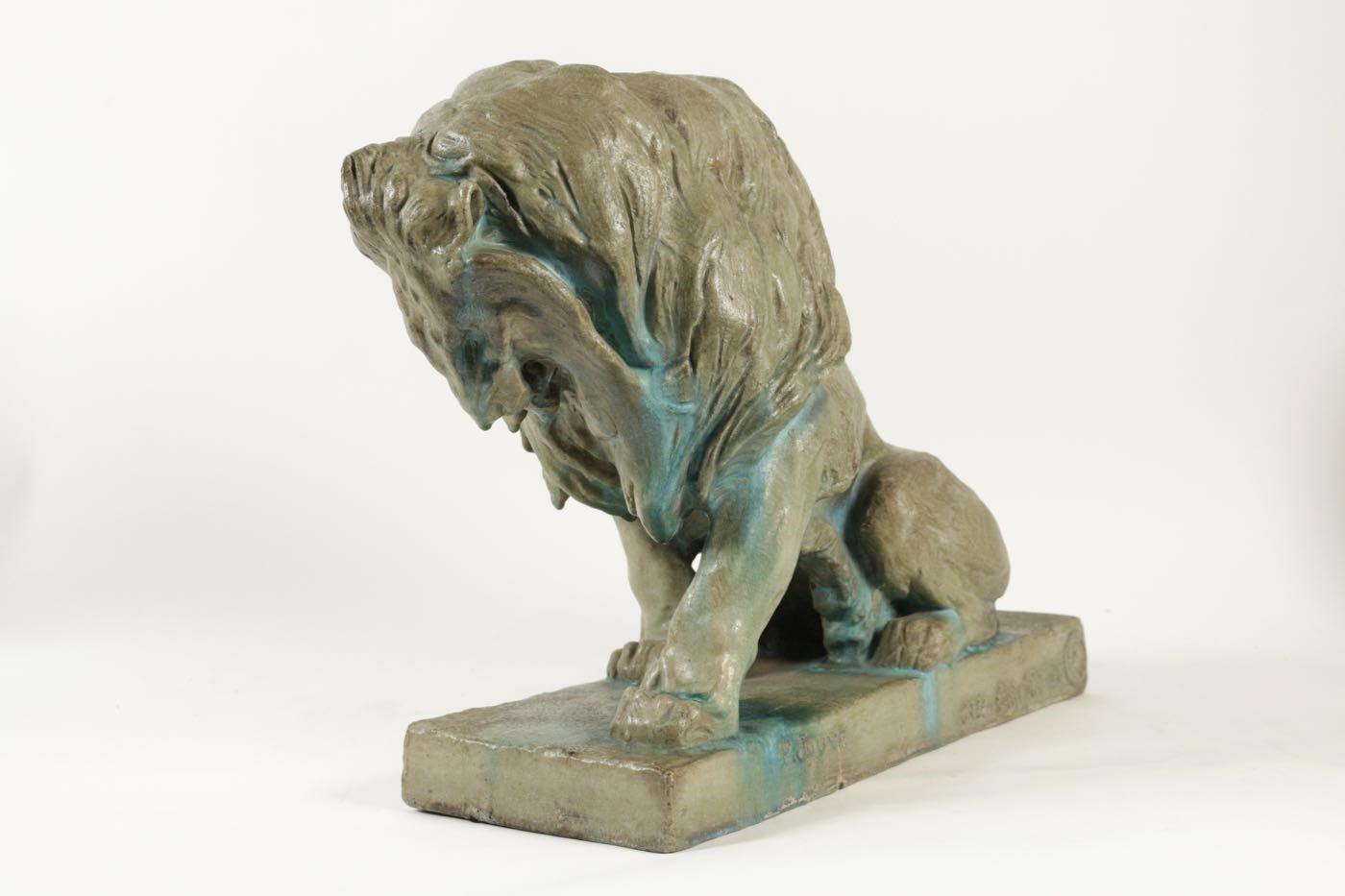 Seated Lion Sculpture, Enameled Sandstone, by P. Jouve, France 4