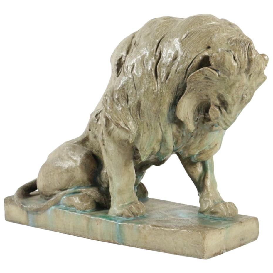 Seated Lion Sculpture, Enameled Sandstone, by P. Jouve, France