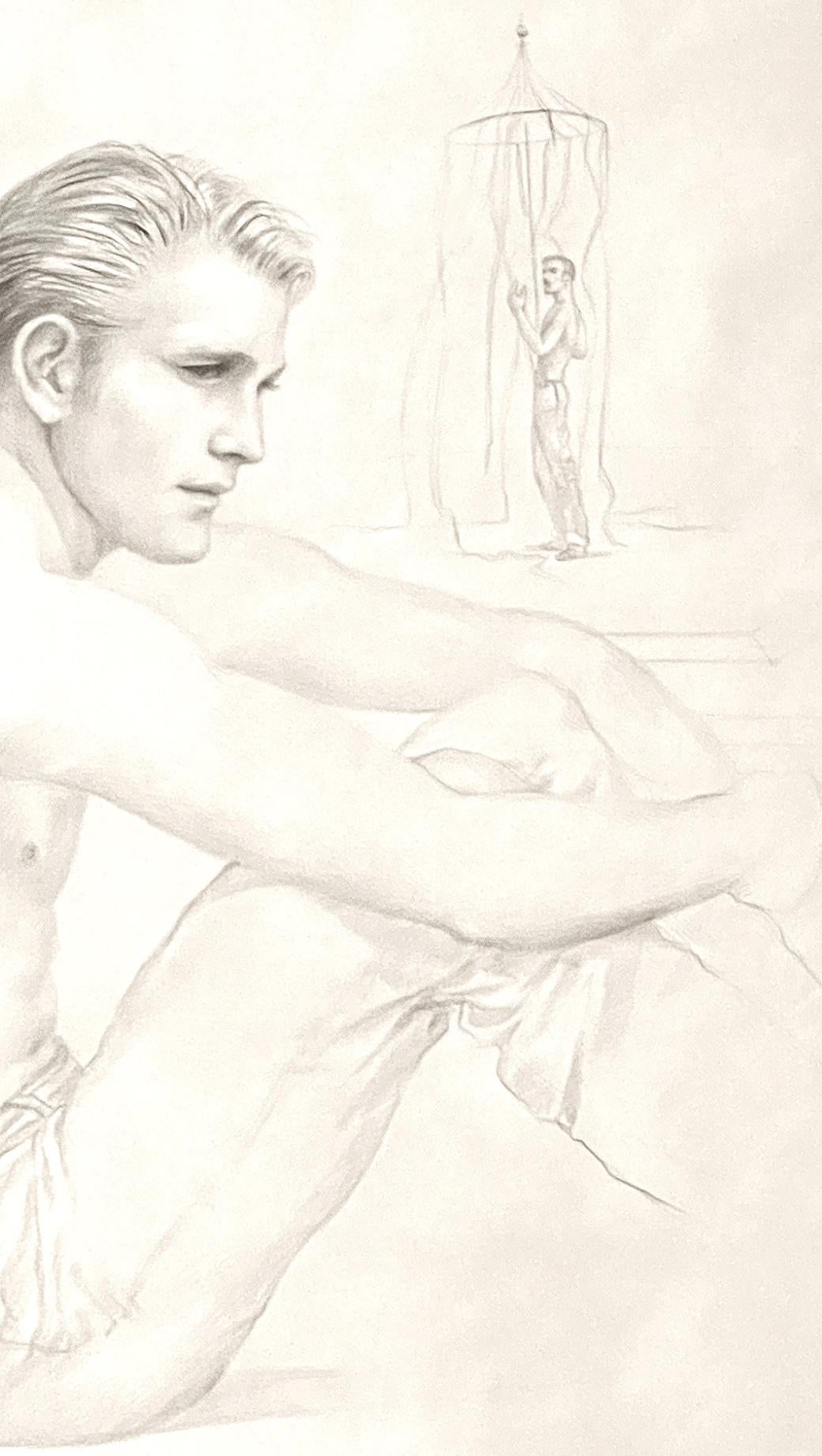 „“Sitzende männliche Figur, am Strand,““ frühe Zeichnung von John B. Lear mit Cabana (Moderne der Mitte des Jahrhunderts) im Angebot