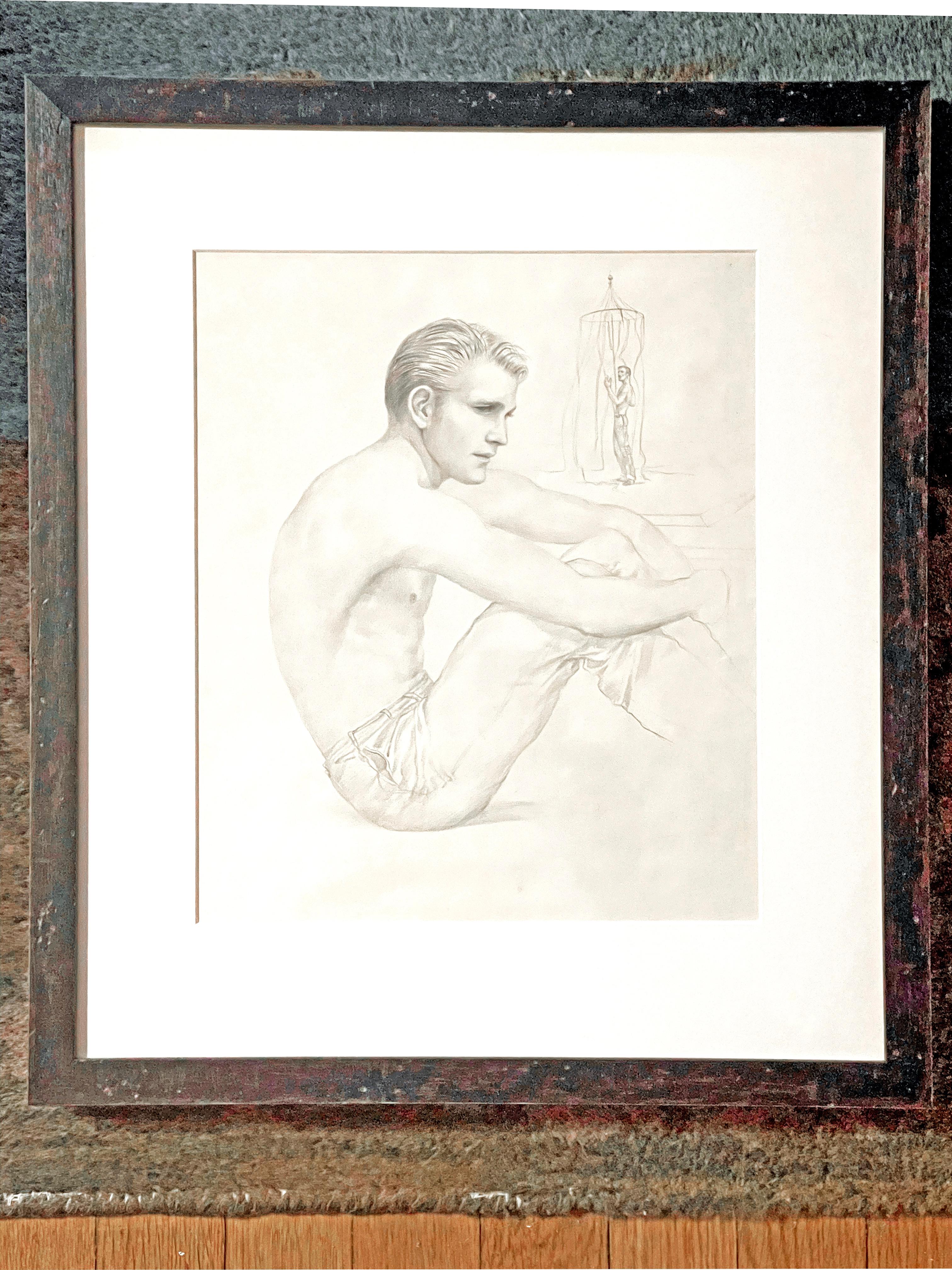 „“Sitzende männliche Figur, am Strand,““ frühe Zeichnung von John B. Lear mit Cabana (amerikanisch) im Angebot