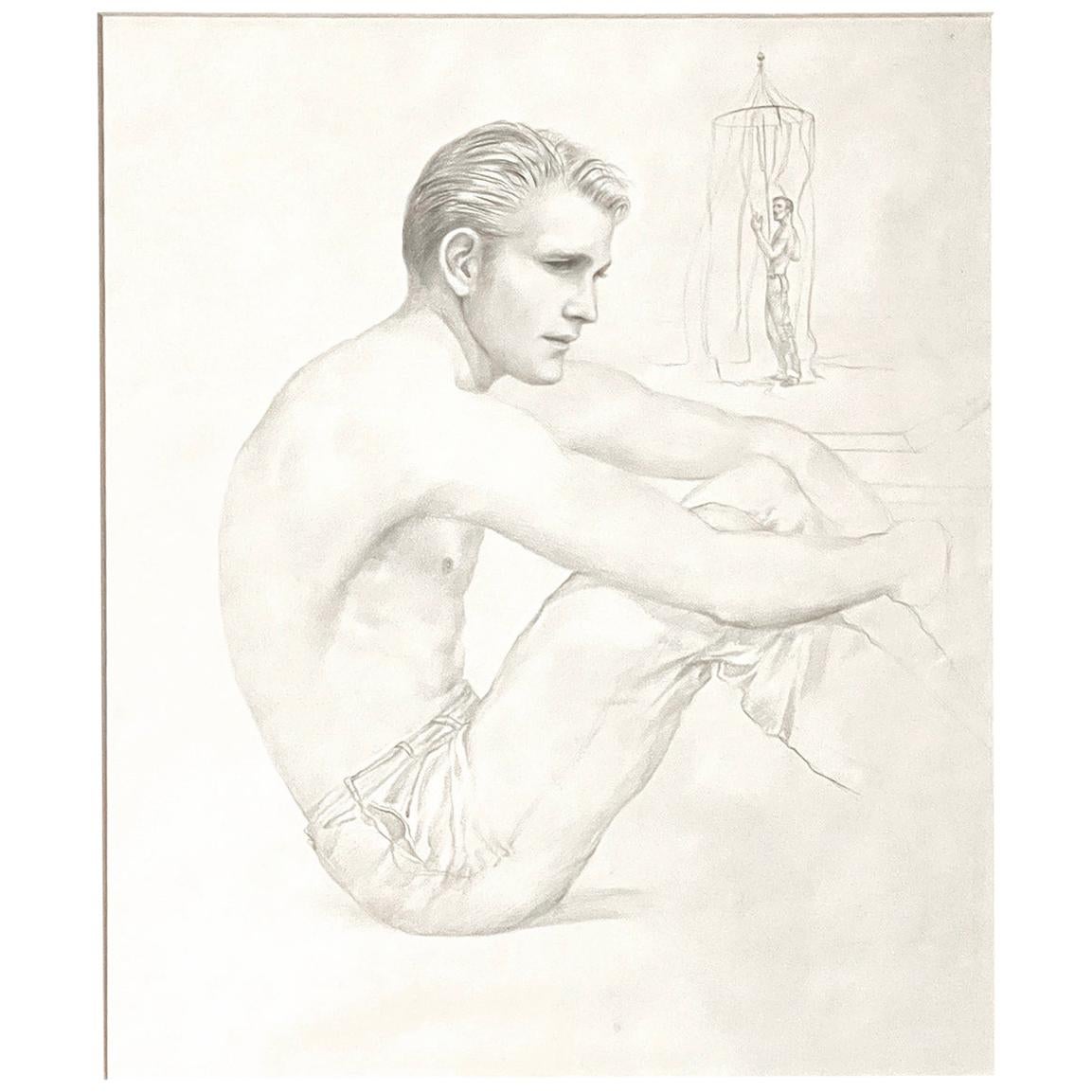 "Seated Male Figure, Beachside," Early Drawing by John B. Lear with Cabana