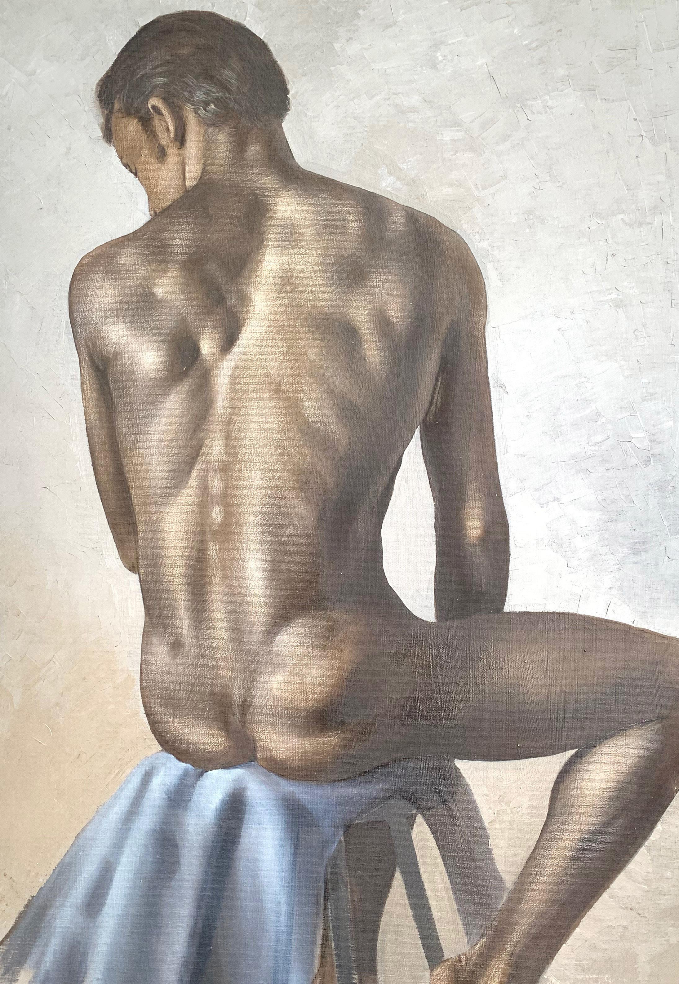 Subdued in palette but gorgeous in subtle detail, this painting of a seated male nude from behind captures the sensuality and beauty of the human figure. The painter, Roberto Lupetti, used fine brushwork for the figure, and an impasto technique for