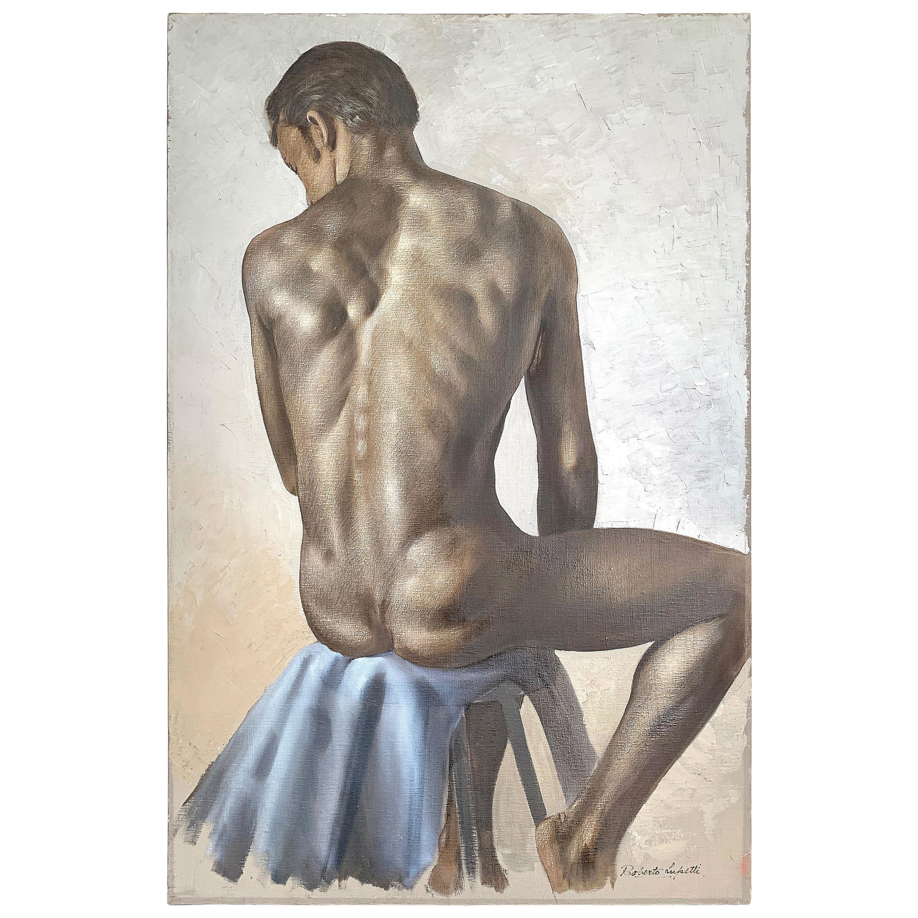"Nudo maschile seduto", splendido dipinto figurativo di Roberto Lupetti, anni '50
