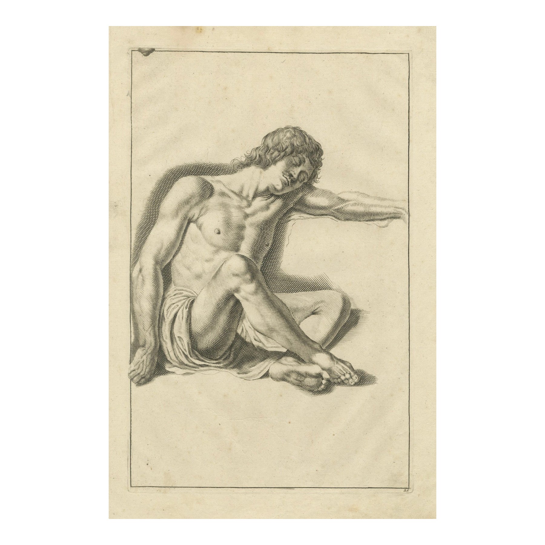 Desnudo masculino sentado con el brazo extendido según de Lairesse Manual alemán, c1745