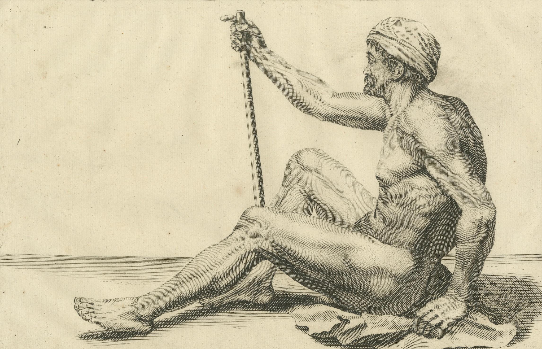 Seated Male Nude with Staff after de Lairesse German Drawing Manual, c1745