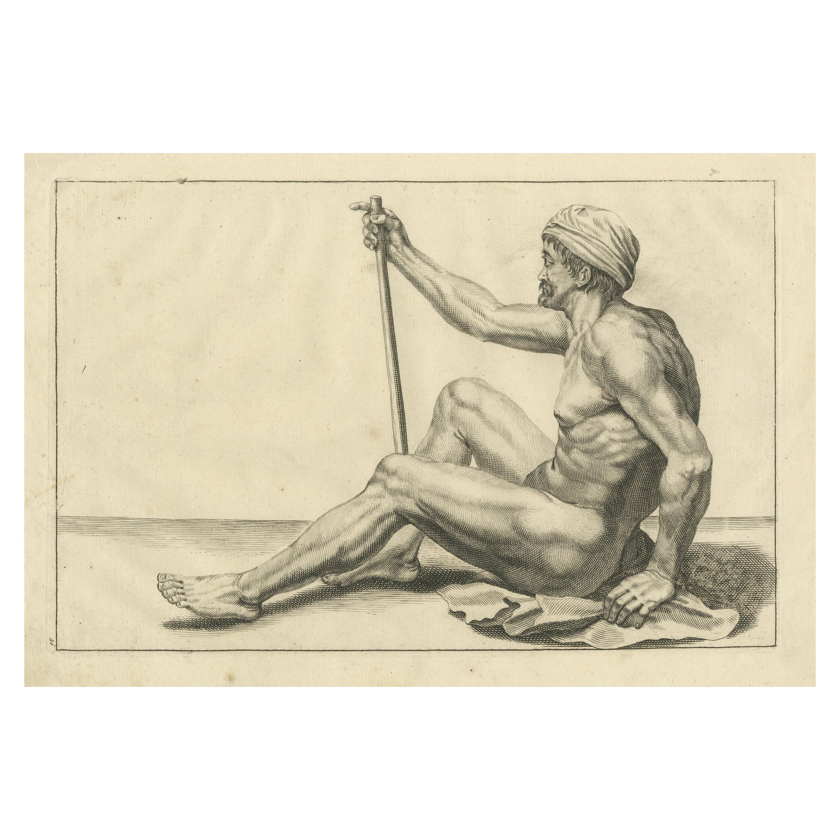 Seated Male Nude with Staff after de Lairesse German Drawing Manual, c1745