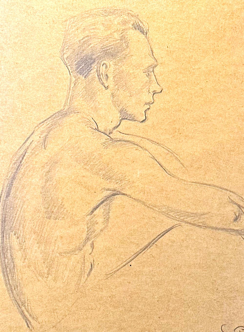 Finely drawn and quiet in mood, this lovely drawing by Porter Woodruff depicts a seated, nude male figure from the side, his arms crossed on his knees and his eyes looking into the distance.  Woodruff was best known for his paintings and