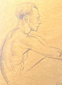 "Uomo seduto", raffinato disegno di figura maschile nuda di Woodruff, artista di Vogue