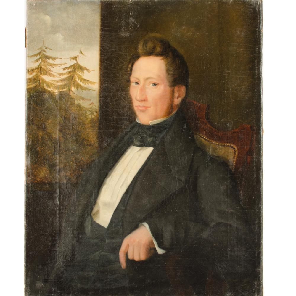 Seated man wearing tuxedo near window
 - Oil on canvas
 - Unframed.


     