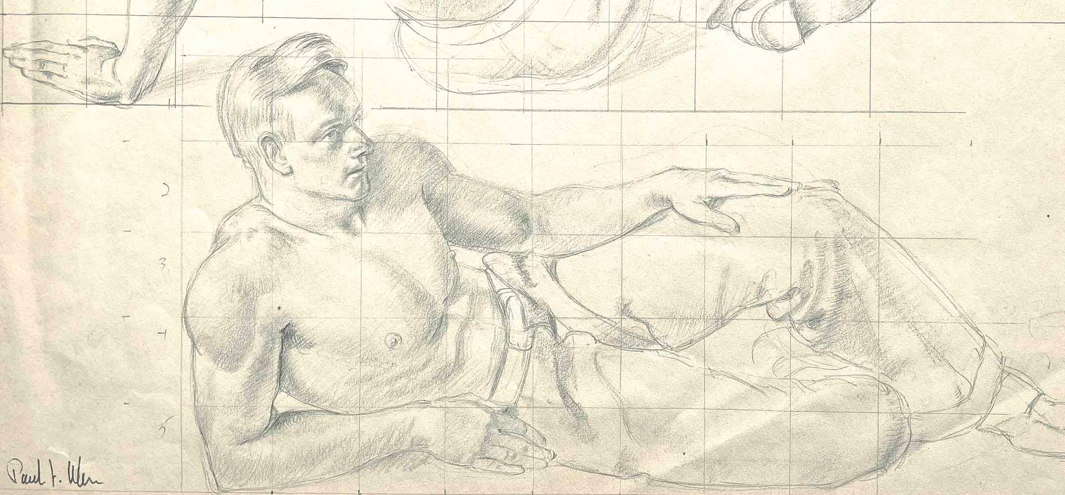 Dessinée avec beauté et sensibilité par Paul Ulen, cette feuille unique comprend deux images d'un personnage masculin à moitié nu, assis et allongé, portant un pantalon de travailleur ample et arborant une coupe de cheveux à la mode des années 1930.