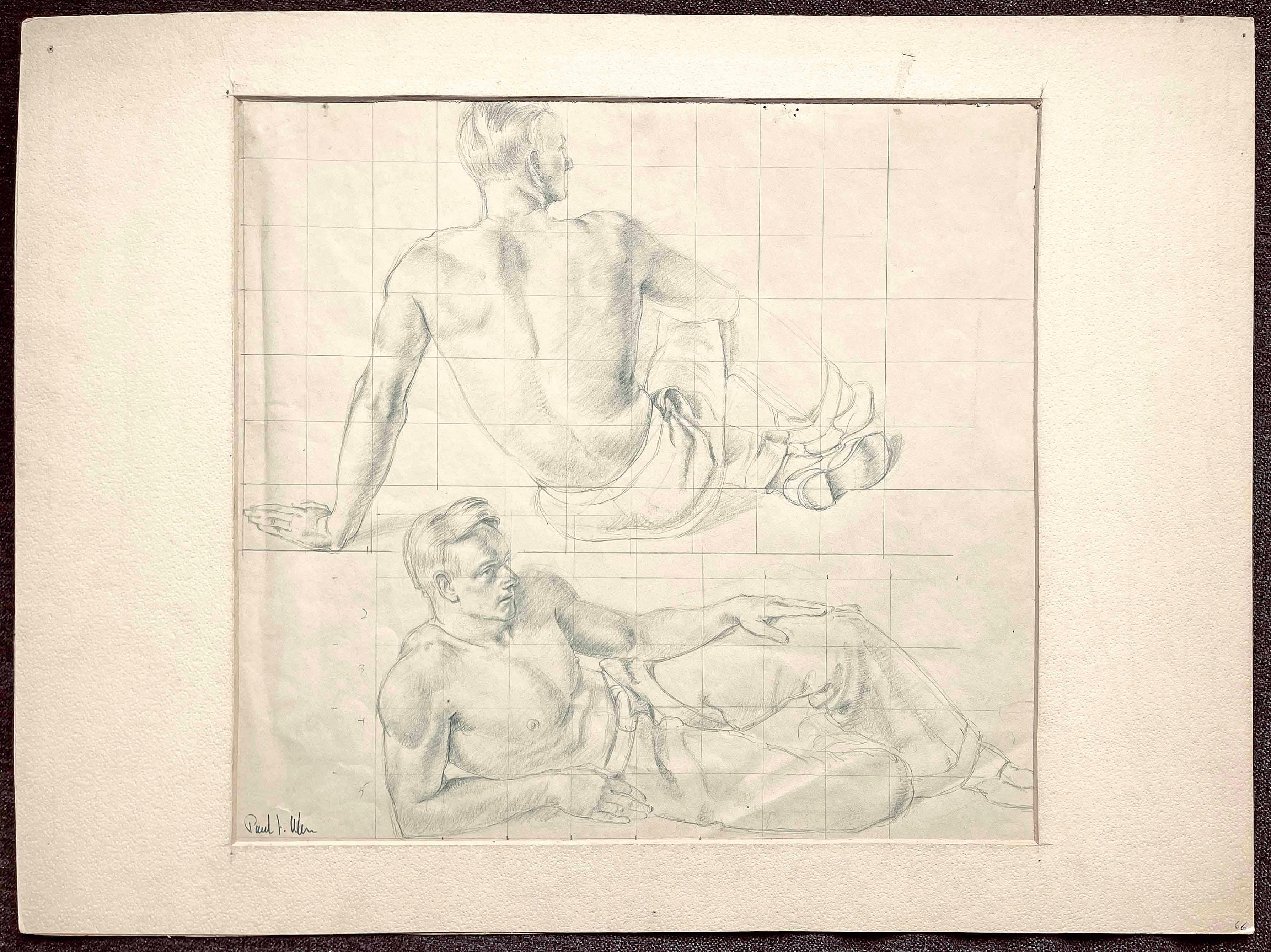 „Sitzender Mann, zwei Positionen“, Zeichnung einer männlichen Figur im Halbakt von Ulen, 1930er Jahre (amerikanisch) im Angebot